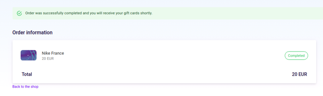 gift card successful order